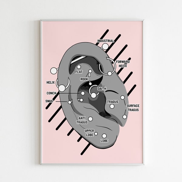 piercings physical art print, body piercing chart, ear piercings, tongue, lip piercing, nose piercing, body modification, wall art