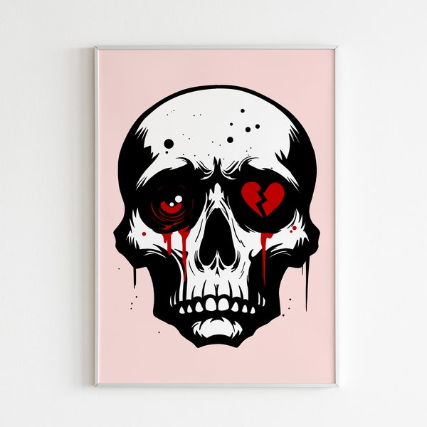 digital art print, heart eyes, broken heart, love and romance, skeleton love, human skull, in love, limerence, digital download, hand drawn