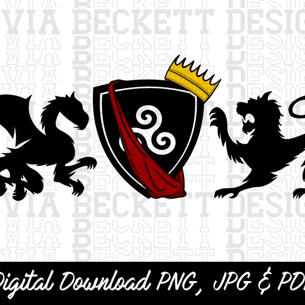 Merlin/Arthur Pendragon Crest, Camelot, Excalibur, merthur, dragon and lion, british crest, arthurian legend, digital download hand drawn