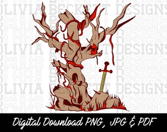 Twisted Tree, Gnarled Branches, Knight, Sword, Excalibur, PNG JPG PDF, Hand Drawn, Digital Download