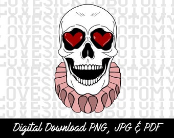 skull tattoo, heart eyes, broken heart, court jester, skeleton love, joker, neck frill, renaissance, human skull, in love, digital download