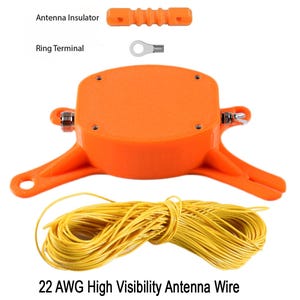 May include: An orange antenna system with an antenna insulator, ring terminal, and 22 AWG high visibility antenna wire. The system includes an orange base with two arms and a yellow wire coil.