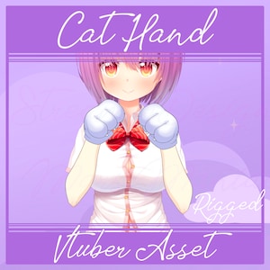 May include: A digital illustration of a female anime character with pink hair wearing a white shirt and a red bow tie. She is wearing white gloves with cat paws on them. The text "Cat Hand" is at the top of the image and the text "Rigged Vtuber Asset" is at the bottom of the image.