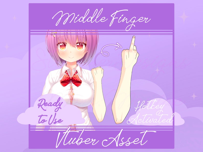 May include: A digital illustration of a female anime character with pink hair and a white shirt with a red bow tie. The character is making a middle finger gesture with her right hand. The text "Middle Finger" is at the top of the image. The text "Ready to Use" is in the lower left corner of the image. The text "Hotkey Activated" is in the lower right corner of the image. The text "Vtuber Asset" is at the bottom of the image.