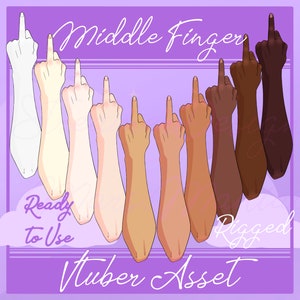 May include: A set of eight animated middle finger hand gestures in various skin tones. The hands are raised with the middle finger extended. The text "Middle Finger" is at the top of the image. The text "Ready to Use Vtuber Asset" is at the bottom of the image. The text "Rigged" is in the lower right corner of the image.