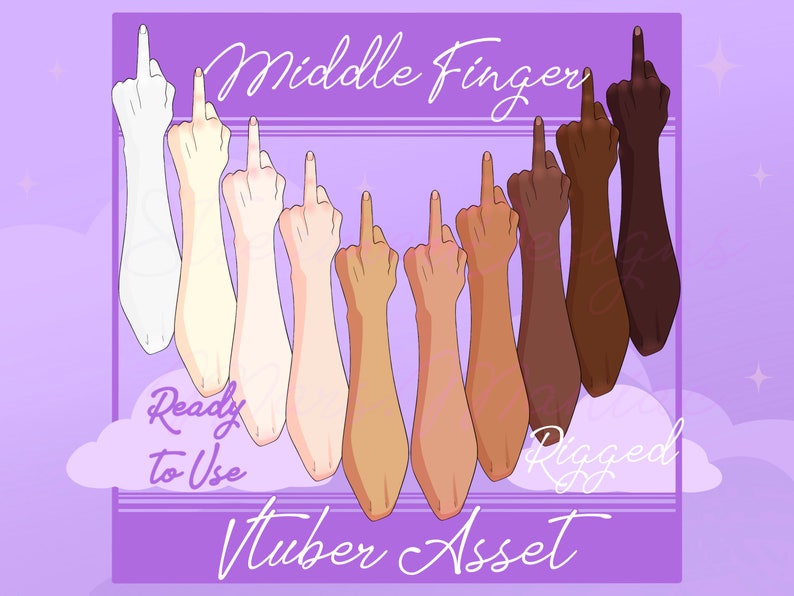 May include: A set of eight animated middle finger hand gestures in various skin tones. The hands are raised with the middle finger extended. The text "Middle Finger" is at the top of the image. The text "Ready to Use Vtuber Asset" is at the bottom of the image. The text "Rigged" is in the lower right corner of the image.