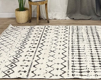 White Cream Dark Gray Rug, Cotton Washable Reversible Rug, Large Area Rugs For Living Room Bedroom Kitchen Boho Decor Eclectic Aztec Maya