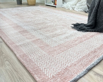 Heather Peach Pink Rug, Cotton Washable Easy Clean Pet Friendly Rug, Large Area Rugs for Living Room Bedroom Kitchen Boho Decor Aesthetic