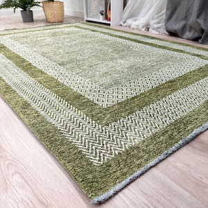 Green Rug, Cotton Washable Area Rug, Easy Clean Rug, Pet Friendly Rug, 8x10 Green Rugs, 9x12 Area Rugs, Rugs For Living Room, Boho Rug Green