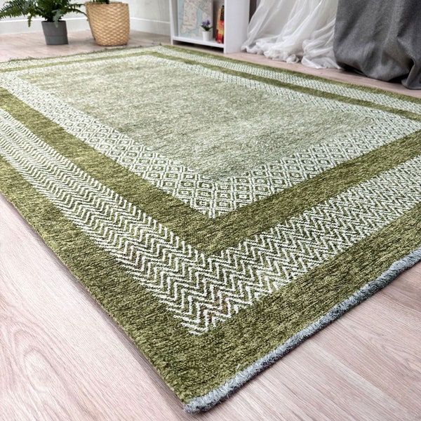Green Rug, Cotton Washable Area Rug, Easy Clean Rug, Pet Friendly Rug, 8x10 Green Rugs, 9x12 Area Rugs, Rugs For Living Room, Boho Rug