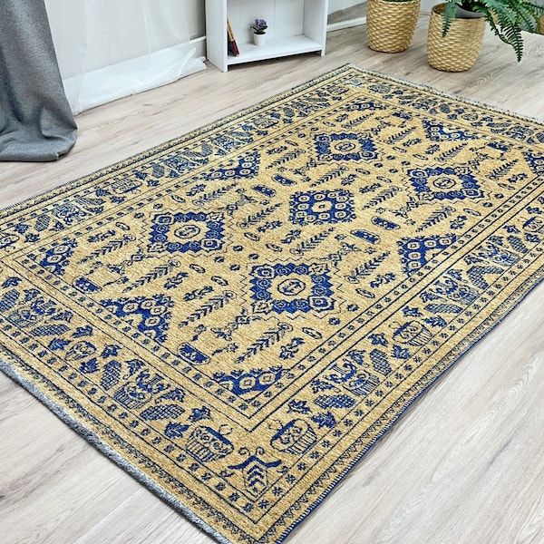 Alfa Rich Gold Navy Blue Washable Cotton Area Rugs for Living Room Bedroom Kitchen Dining Boho Afghan Decor Rug Vintage Floral Oushak Kilim