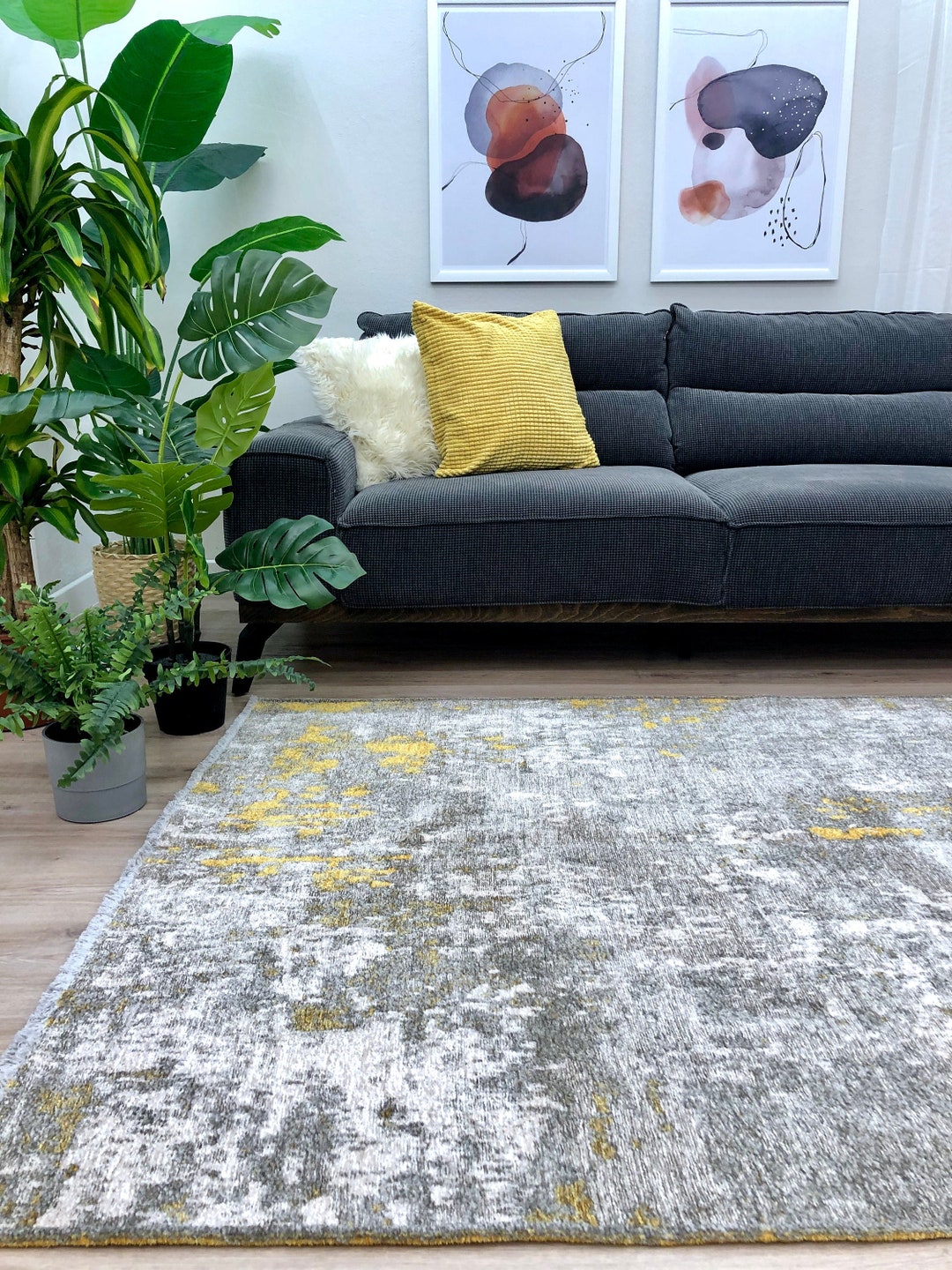 Abstract Grey Yellow Rug, Reversible Rug, Cotton Rug, Washable Rug