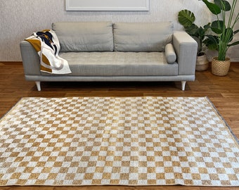 Alfa Rich Gold Cream Checkered Washable Cotton Area Rugs for Living Room Bedroom Kitchen Dining Nursery Boho Decor Aesthetic Geometric Rug