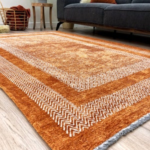 Green Rug, Cotton Washable Area Rug, Easy Clean Rug, Pet Friendly Rug, 8x10 Green Rugs, 9x12 Area Rugs, Rugs For Living Room, Boho Rug Orange