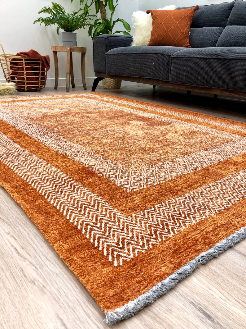 Green Rug, Cotton Washable Area Rug, Easy Clean Rug, Pet Friendly Rug, 8x10 Green Rugs, 9x12 Area Rugs, Rugs For Living Room, Boho Rug Orange