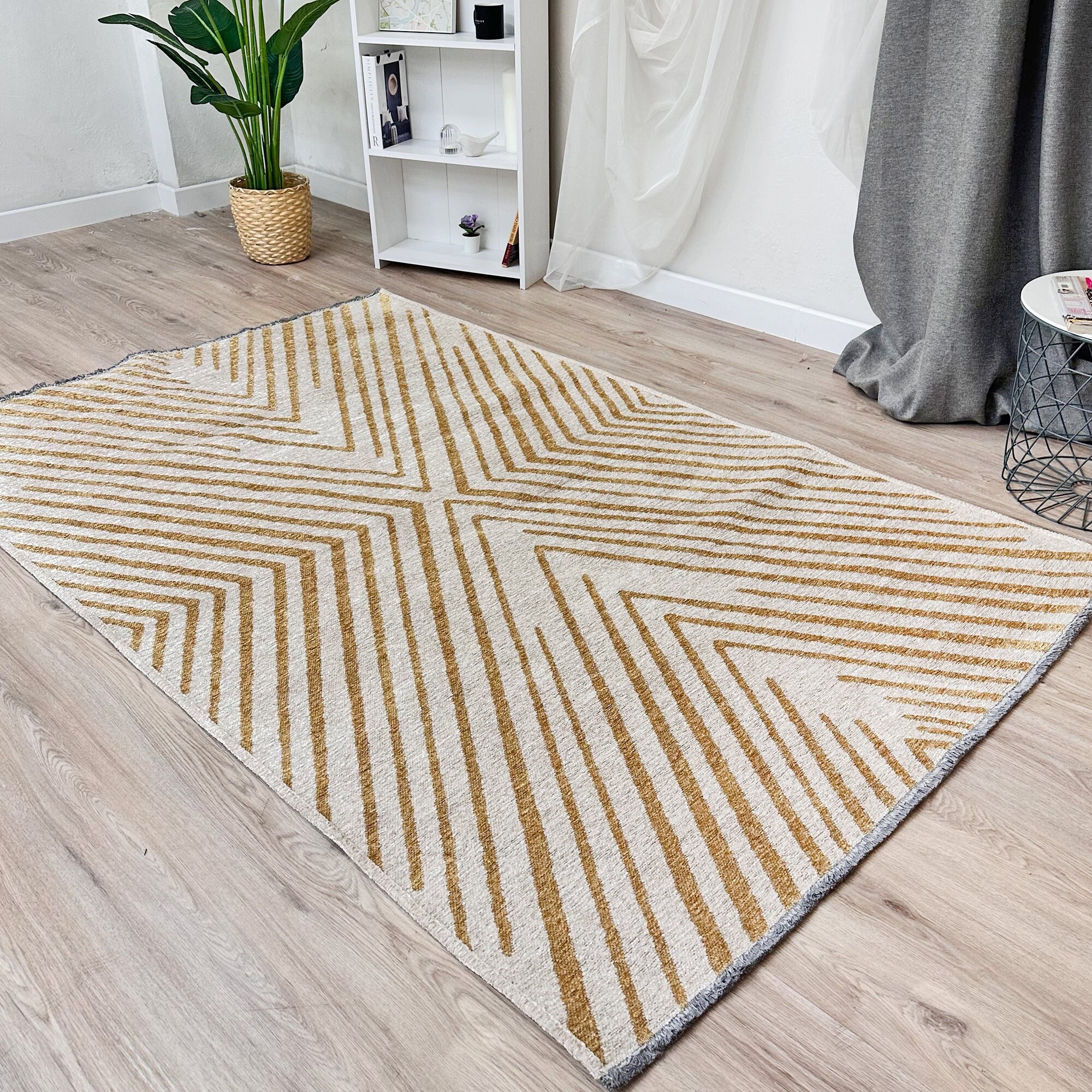 Alfa Rich Geometric Gold Cream Washable Cotton Area Rugs for Living Room Bedroom Kitchen Dining Kids Nursery Aesthetic Boho Home Decor Rug Etsy
