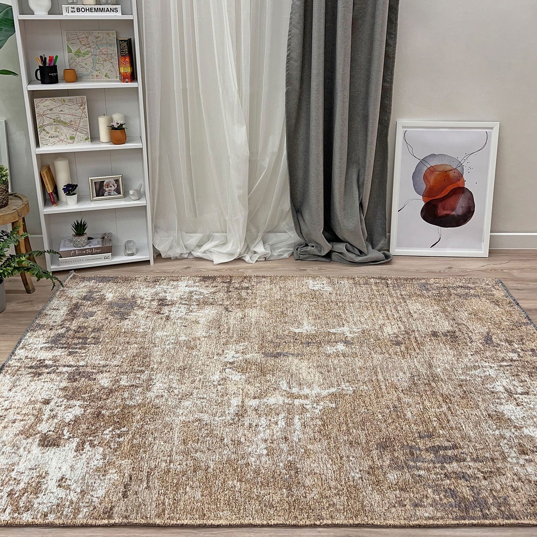 Abstract Beige Grey Rug, Reversible Rug, Cotton Rug, Washable Rug, Easy ...