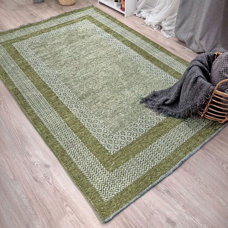 Green Rug, Cotton Washable Area Rug, Easy Clean Rug, Pet Friendly Rug, 8x10 Green Rugs, 9x12 Area Rugs, Rugs For Living Room, Boho Rug image 3