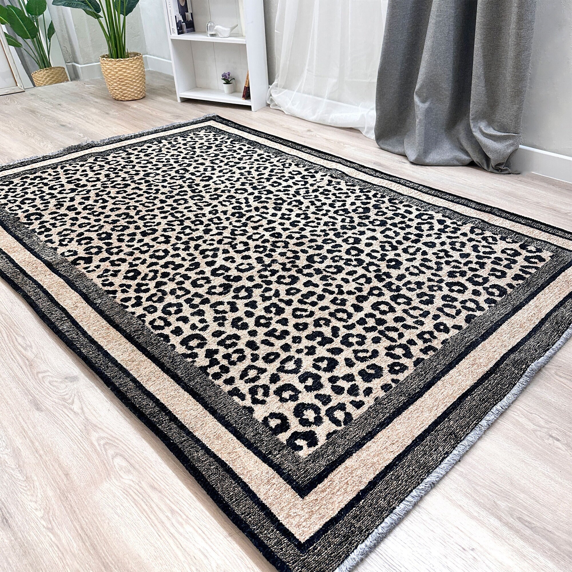 Beige Black Rug, Leopard Cheetah Animal Pattern Large Area Rugs for