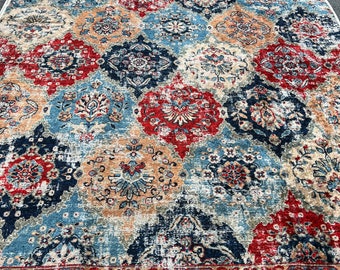 Ultra-Thin Rugs, Boho Rugs, Red Blue Beige Cream Rug, Non-Slip Rugs, Washable Rugs, 3x5 Runner Rugs, 4x6 Area Rugs, 5x7 Area Rugs, 5x5 Rug