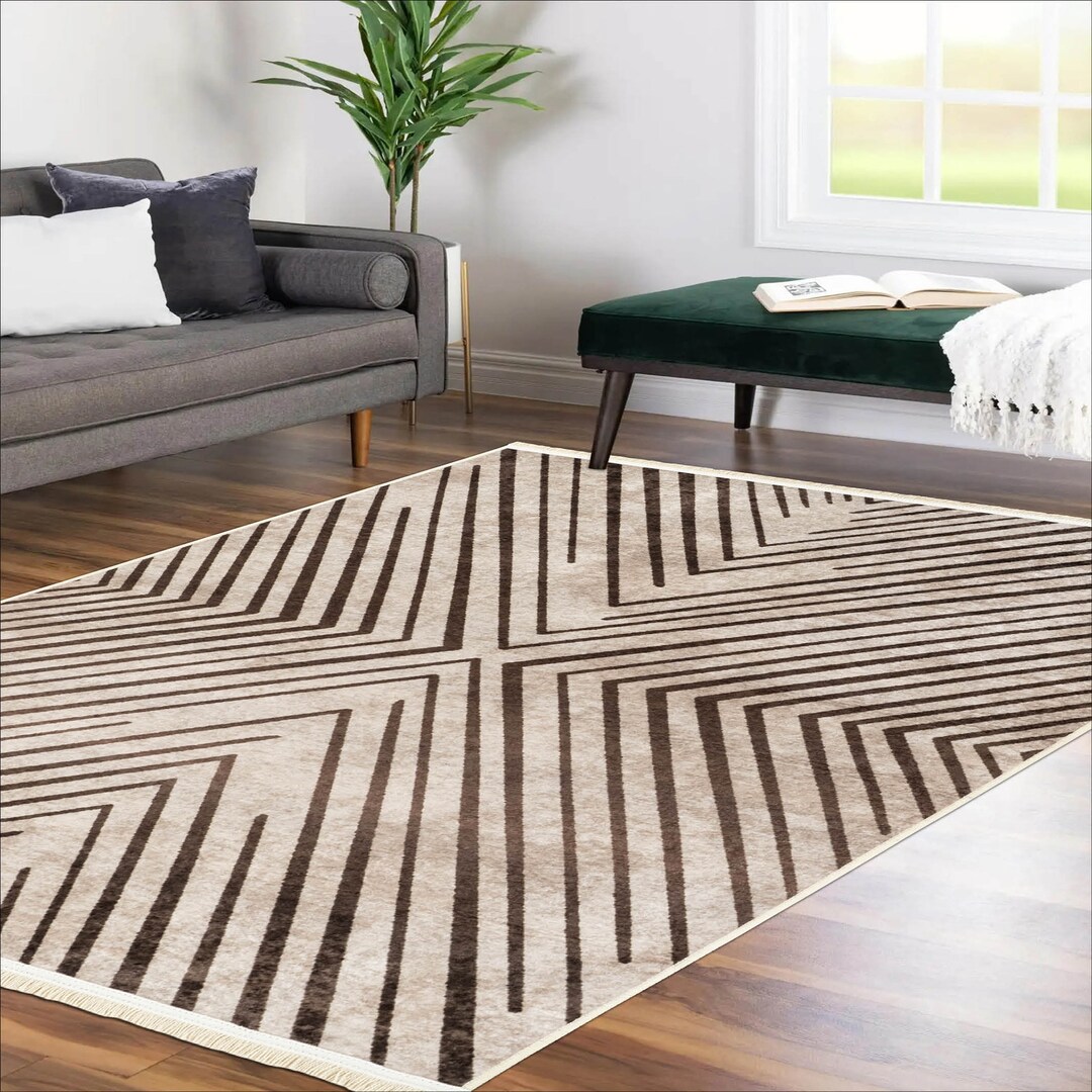 Geometric Beige Brown Rug, Ultrathin Area Rug, Nonslip Machine