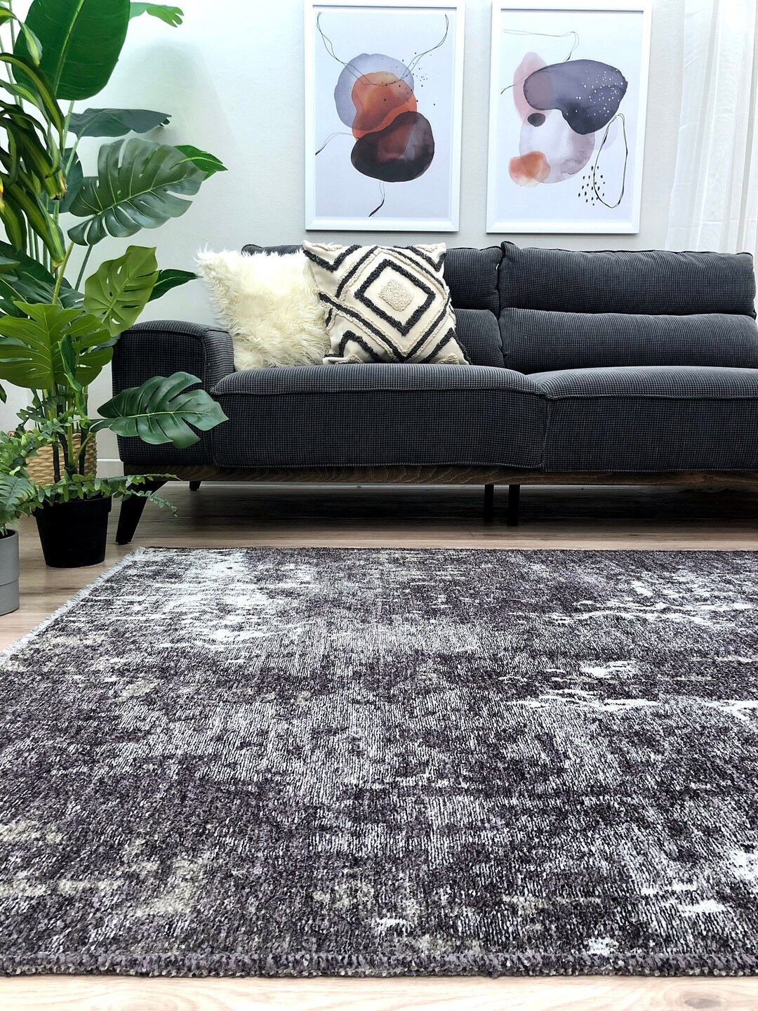 Abstract Dark Grey Light Grey Rug, Reversible Rug, Cotton Rug, Washable