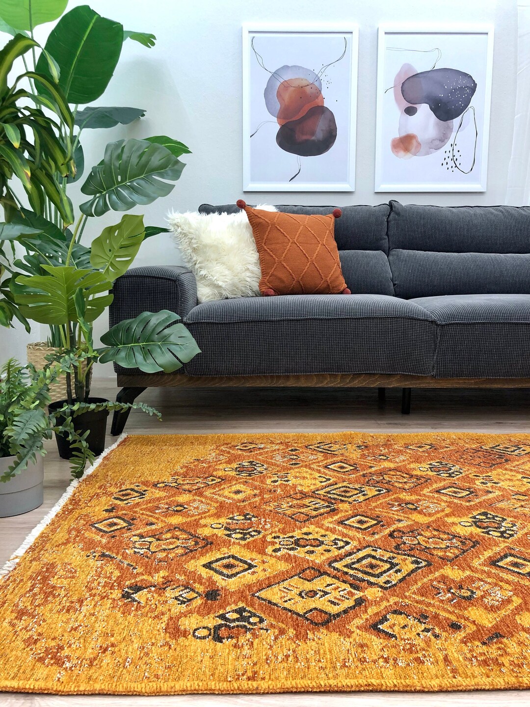 Burnt Orange Grey Rug, Reversible Rugs, Cotton Washable Pet Friendly