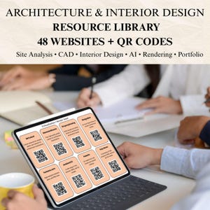 May include: A digital resource library for architecture and interior design displayed on a tablet screen. The screen features a grid of eight orange squares, each containing a website name, a brief description, and a unique black and white QR code.