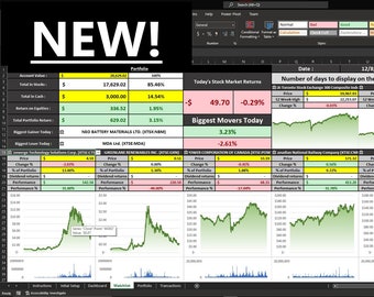 May include: A computer screen displaying a spreadsheet with financial data. The spreadsheet shows a portfolio value of $17,629.02, a total in stocks of $17,629.02, a total in cash of $3,000.00, and a total portfolio return of 3.15%. The spreadsheet also shows the biggest movers today, with NEO Battery Materials Ltd. (TSXV: NBM) up 3.23% and MOATS up -2.61%.