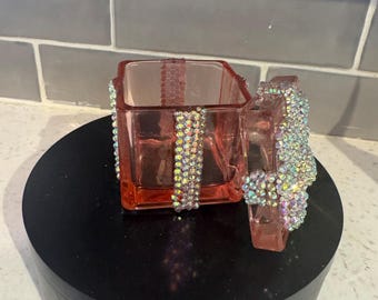 Joyero de cristal con lazo de diamantes de imitación, joyero brillante, recuerdo brillante, caja de regalo de cristal