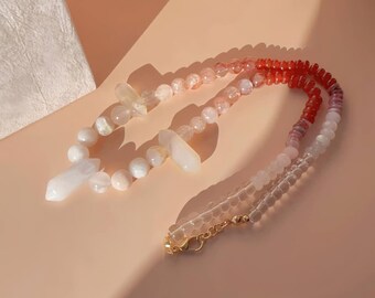 8.15” Delicate Heart Healing and Energy Boost Necklace | Clear Quartz, Red Agate, Moonstone, Hematoid Quartz, Morganite, Blossom Agate