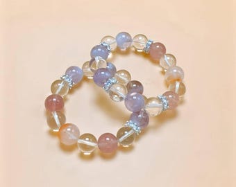 12-13mm Natural Crystal Bracelet | Handmade Healing Bracelet with Amethyst, Clear Quartz, Strawberry Quartz & Red Rutilated Quartz | 7 Inch