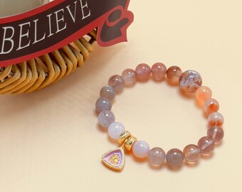 6.5” Fire Energy, Chakra and Love Boost Bracelet | 8-12mm Red Agate, Strawberry Quartz, Moonstone, Snowflake Ghost Crystal
