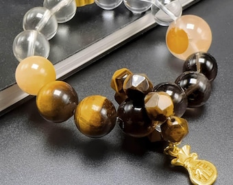 8-15mm Natural Crystal Bracelet | Handmade Wealth Bracelet with Tiger Eye, Clear Quartz, Hematoid Quartz & Yellow Rutilated Quartz | 7 Inch