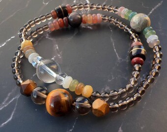 8” Two Lap Protection, Courage and Heart Chakra Bracelet | Smoky Quartz, Tiger Eye, Clear Quartz, Moss Agate, Ocean Agate, Silver Obsidian