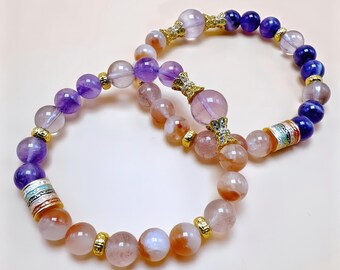 Valentine’s Healing Crystal Bracelet | Chevron & Bolivia Amethyst, Red Quartz and Gold Charm