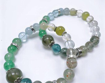 8-12mm Natural Gemstone Bracelet | Handmade Healing Crystal Bracelet with White Topaz, Fluorite, Beryl, Quartz & Tsavorite | 7-7.5 Inch