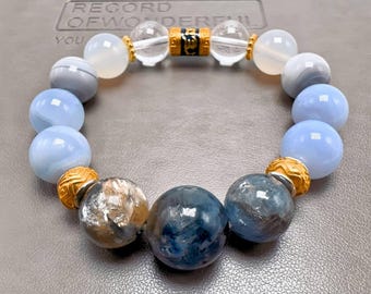 12-14mm Healing Gemstone Bracelet | Handmade Bracelet with Blue Lace Agate, Kyanite, Quartz & Agate | 7-7.5 Inch
