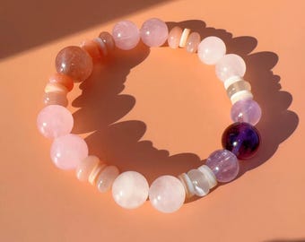 8-13mm Healing Bracelet | Handmade Crystal Bracelet with Pink Quartz, Moonstone, Amethyst, Red Rutilated Quartz and Shell | 7.5 & 8 Inch