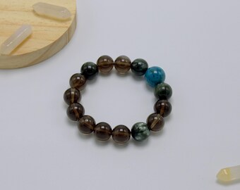 7.5” Inner Peace & Positive Energy Bracelet | 12-14mm Smokey Quartz, Chrysocolla, Seraphinite | Luck, Protection and Heart Chakra Boost