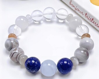 8-13mm Natural Gemstone Beaded Bracelet | Handmade Healing Crystal Bracelet with Moonstone, Quartz, Lapis Lazuli | 8 Inch Stretch Bracelet