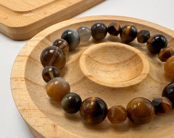 7.2'' Grounding & Energy Harmony Bracelet | 8-12mm Smokey Quartz, Moonstone, Tiger’s Eye, Hawk’s Eye , Golden Obsidian, Skeleton Sunstone
