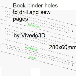 Può includere: Uno schema che mostra il posizionamento dei fori di rilegatura per forare e cucire le pagine. Lo schema è etichettato "Fori di rilegatura per forare e cucire le pagine di Vivedo3D" e mostra le dimensioni "280x60mm".