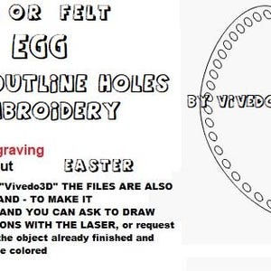 Könnte beinhalten: Eine schwarz-weiße Umrandung eines Eies mit Löchern für Stickereien. Der Text "WOOD OR FELT EGG WITH OUTLINE HOLES FOR EMBROIDERY" befindet sich oben im Bild. Der Text "red line engraving black line cut EASTER IN MY STORE "Vivedo3D" THE FILES ARE ALSO AVAILABLE - AND - TO MAKE IT YOURSELF.....AND YOU CAN ASK TO DRAW CUSTOMIZATIONS WITH THE LASER, or request and purchase the object already finished and coloured or to be coloured BY VIVEDO3D" befindet sich unten im Bild.