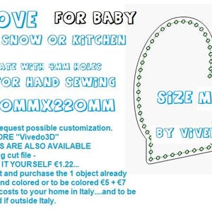 Può includere: Un contorno in bianco e nero di un guanto con fori da 4 mm per la cucitura a mano. Il guanto è etichettato con "Taglia M" e "Di Vivedo3D". Il testo "GLOVE FOR BABY FOR SNOW OR KITCHEN TEMPLATE WITH 4MM HOLES FOR HAND SEWING 130MMX220MM" è incluso anche nell'immagine.