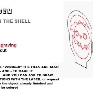 May include: A line drawing of a chick in an egg shell. The drawing is 60 mm tall. The red lines are for engraving and the black lines are for cutting. The text "WOODEN" and "CHICK IN THE SHELL" are also included in the image.