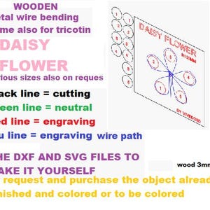 Op de afbeelding: Een diagram dat laat zien hoe je een houten madeliefje kunt maken met behulp van metaaldraad. Het diagram toont de snij-, neutrale, graveer- en graveerdraadpadlijnen. De tekst "DAISY FLOWER H130mm" is zichtbaar in de afbeelding. De tekst "WOODEN Metal wire bending frame also for tricotin DAISY FLOWER various sizes also on reques Black line = cutting Green line = neutral Red line = engraving Blu line = engraving wire path THE DXF AND SVG FILES TO MAKE IT YOURSELF or request and purchase the object already finished and coloured or to be coloured wood 3mm" is ook zichtbaar in de afbeelding.