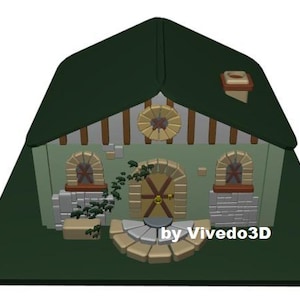 Può includere: Una casa in miniatura verde, marrone e grigia con una porta marrone e un vialetto di pietra. La casa ha un tetto verde e un piccolo camino. Il testo "by Vivedo3D" è stampato sul fondo della casa.