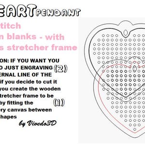 Puede incluir: Diagrama que muestra dos patrones en forma de corazón para punto de cruz. El corazón más grande está etiquetado como "1" y el corazón más pequeño está etiquetado como "2". El texto dice "HEART PENDANT punto de cruz blancos de madera - con marco de bastidor de lienzo ATENCIÓN: SI QUIERES, TAMBIÉN PUEDES SOLO GRAVAR (2) LA LÍNEA INTERNA DEL CORAZÓN....si decides cortarlo en su lugar, creas el marco de bastidor de lienzo de madera que se inserta ajustando el lienzo de bordado entre las dos formas por Vivedo3D"