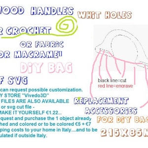 May include: A digital design file for a DIY bag with wood handles and white holes. The design is available in DXF and SVG formats. The image includes instructions for cutting and engraving the design. The bag measures 21.5 inches by 8.5 inches.
